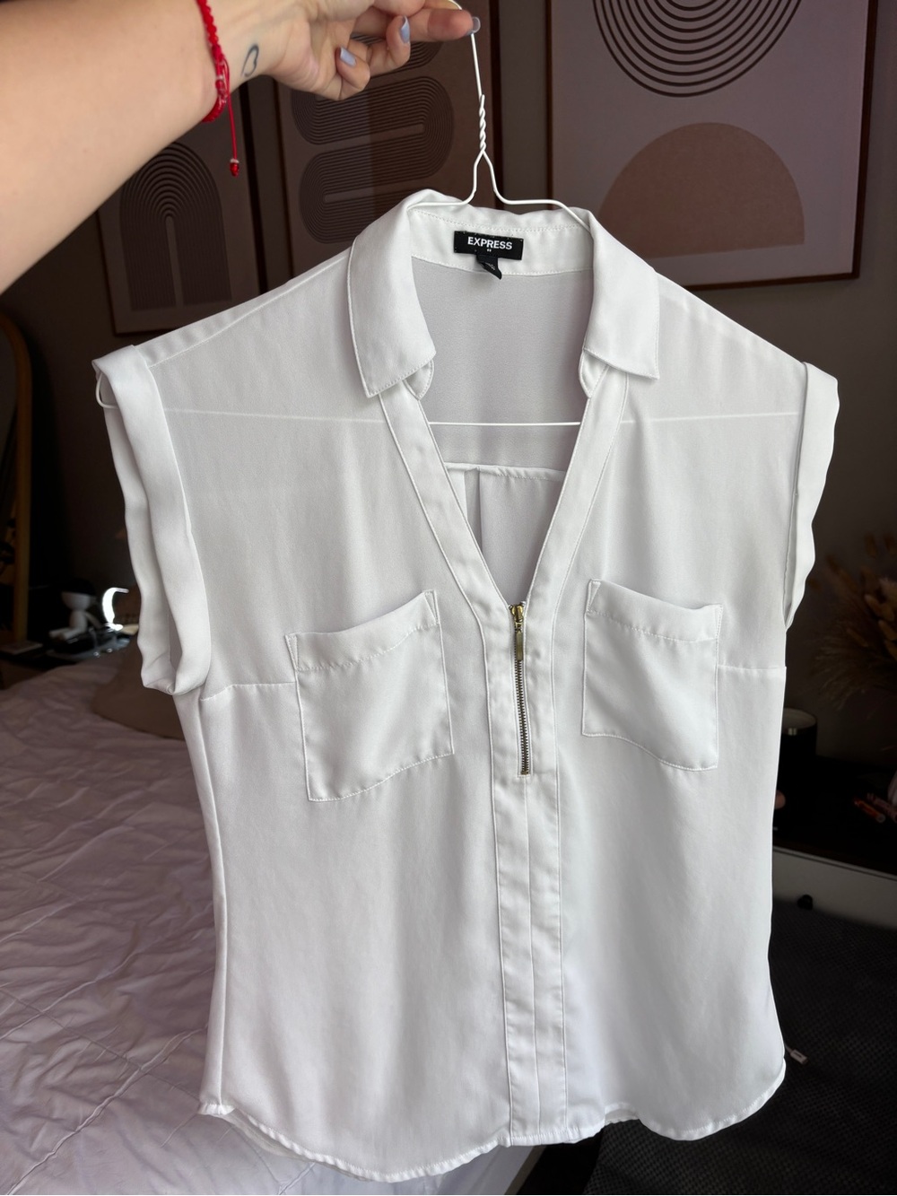 Express White Zip-Front Cap Sleeve Blouse